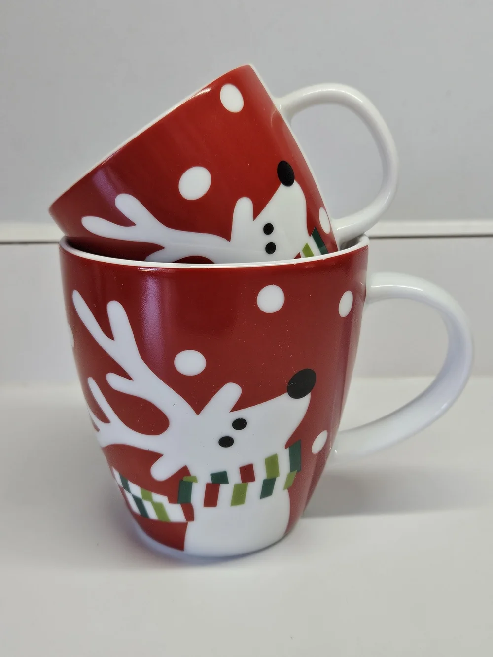 Crate & Barrel Red Ceramic Reindeer Christmas Mommy and Me Mug Set 6 & 12 OZ